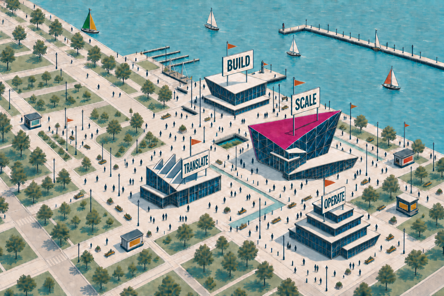 The Lumen Atlas fairground with four pavilions: Translate, Build, Scale, and Operate.